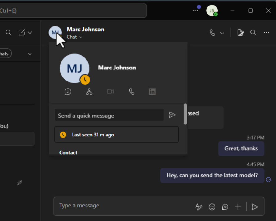 Teams chat message asking for the latest deal model